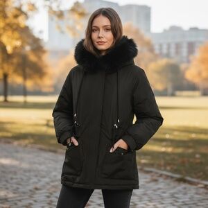 Puffit Faux Fur Mid-Length Hooded Drawstring Parka. NWT